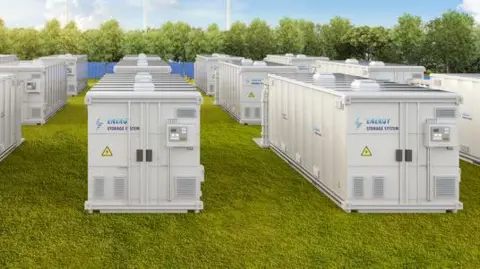 An energy storage site with rows of white battery container units.