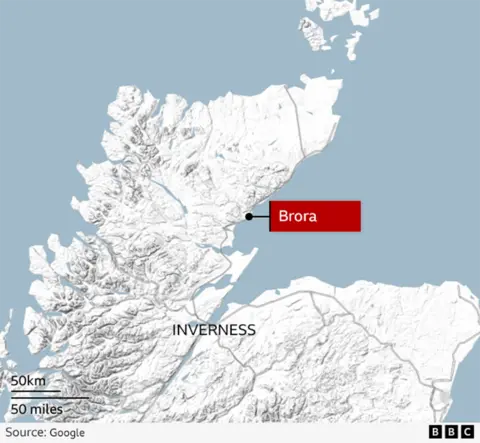 A map of northern mainland Scotland showing the locations of Inverness and Brora.
