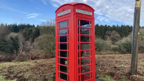 The restored phone box pictured on a sunny winter day. It has been freshly painted a bright red, the Telephone signs are newly installed and the glass panels have been replaced with Perspex. There is a telephone pole on the right, and the surrounding land has been cleared of bracken and brambles. In the background there is a thick woodland with various types of trees.