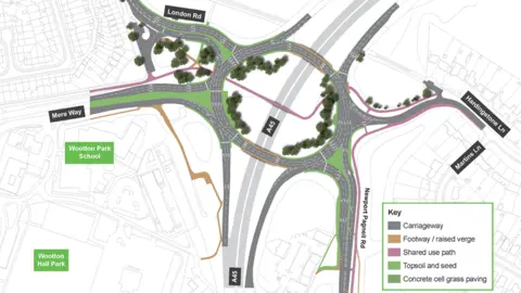 West Northamptonshire Council A drawn map of the Queen Eleanor Interchange roundabout in Northampton showing the carriageway with a red line showing where the closures are.