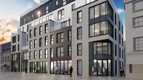 DOI An illustration of the development, which is six storeys high and has large glass windows.