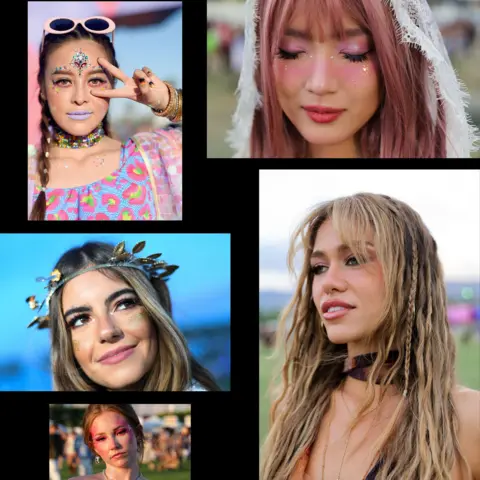 Getty Images Festival-goers with glitter and neon make-up and hair