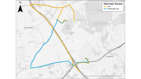 NNUH A map showing alternative routes for the closure of Colney Lane East