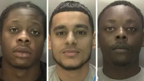 Three separate photos, issued by police, of three men looking at the camera put together as one image.