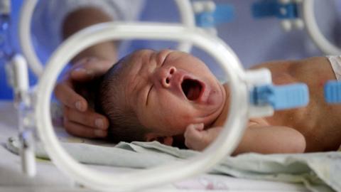 A baby yawns or cries in an incubator