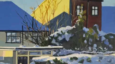 Tanya Farrugia Two houses with snow on or around them are depicted in this painting. Trees in the foreground are also covered in snow with a shaft of sunlight hitting the side of one taller house.
