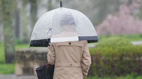 PA Media A closeup of a person with a large umbrella, they wear a beige coat, and rain is falling around, there is greenery around.