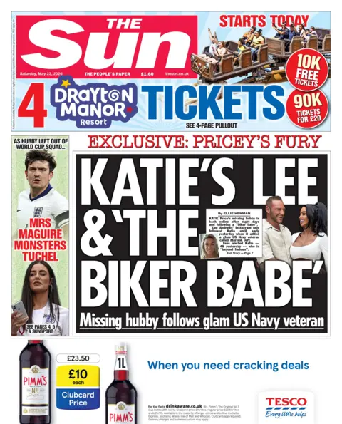 The headline on the front page of the Sun reads: "Katie's Lee and 'The Biker Babe."
