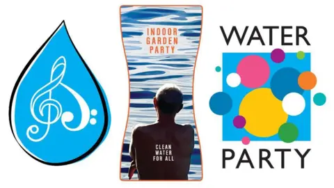 WaterAid Three tattoo designs. On the left there is a water droplet with a music note in it, the middle has a male sillhouette overlooking water, and on the right there is a colourful circle pattern that says 'Water Party'