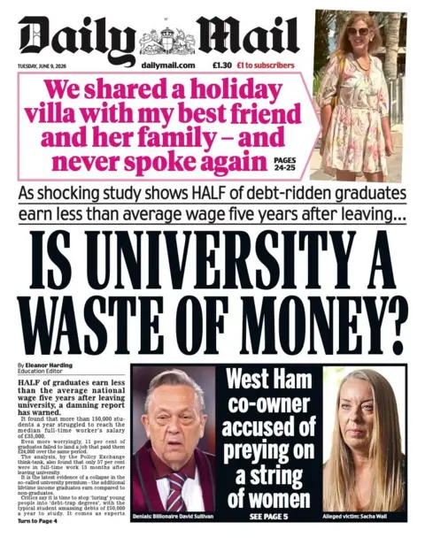 The headline on the front page of the Daily Mail reads: “Is university a waste of money?”.