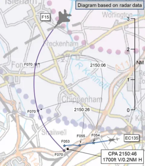 UK Airprox Board A map shows path of US F-15 aircraft in a north-south arc, and the east-west path of the helicopter. Villages marked on the map include Chippenham, Freckenham and Chippenham.