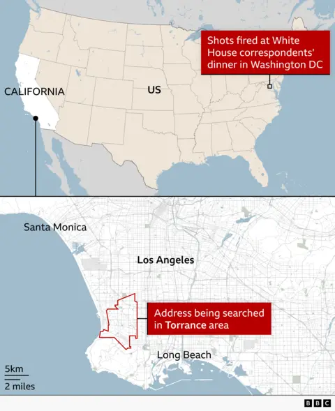 Two-panel locator map. The top panel shows a map of the United States with Washington, DC highlighted and a red label reading “Shots fired at White House correspondents’ dinner in Washington DC.” The bottom panel zooms into southern California, showing Los Angeles, Santa Monica, Long Beach, and a red outlined area in the Torrance area labelled “Address being searched in Torrance area.” Distance scales are shown, with BBC branding in the corner.