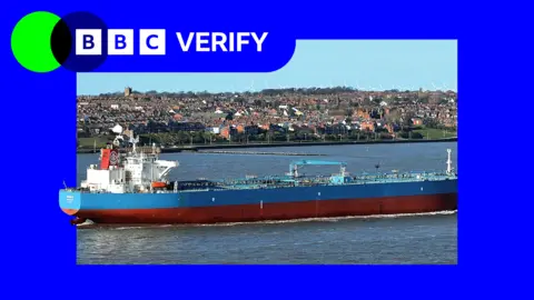 The Forwarder anchored at port. The tanker is imposed over the BBC Verify colours and branding. 
