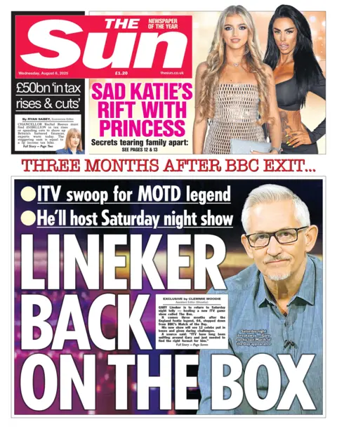 The headline on the front page of the Sun reads: “Lineker back on the box"