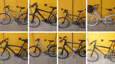 Eight photos of the bikes against a yellow lockers