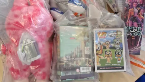 A collection of seized toys in plastic bags including a pink Lububu doll and Bluey toys