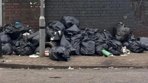 A large pile of black bin bags are on a pavement, against a black brick wall. The base of a lamppost can be seen in front of the bags, with a road in the foreground.