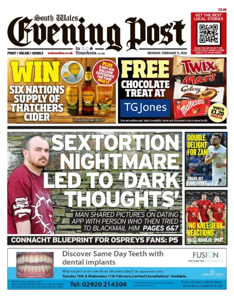 South Wales Evening Post Front page of South Wales Evening Post. The main headline reads: 'sextortion nightmare led to "dark thoughts"'. Other headlines read: 'double delight for Zan!' and 'no knee-jerk reactions'