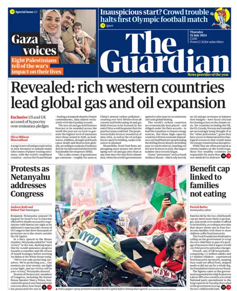 The Guardian headline reads: Revealed: rich western countries lead global gas and oil expansion