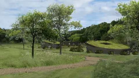 Roderick James Architects Artist's impression of how holiday accommodation planned for a golf course in Cornwall would look. There are lots of trees and green areas. The round properties have grass on their roofs.
