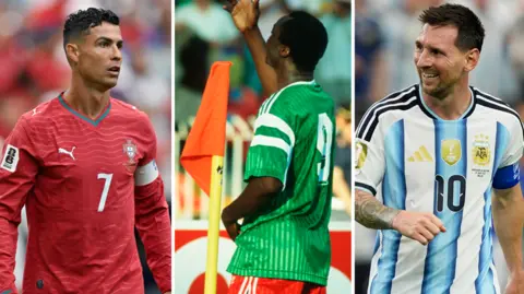 A composite triptych image made up of three vertical columns which show, from left to right: Cristiano Ronaldo in action for Portugal in a red shirt with white number seven on the chest; Cameroon's Roger Milla, with his face turned away from the camera, in green shirt and red shorts dancing next to a yellow corner flag at Italia 90; Lionel Messi in action for Argentina in a classic home kit with blue and white vertical stripes. Both Ronaldo and Messi appear to be looking in towards Milla in the middle of the image