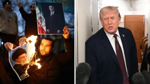 On the right left, anti-Iranian regime protesters burn an image of Ayatollah Ali Khamenei and on the right we see Donald Trump.