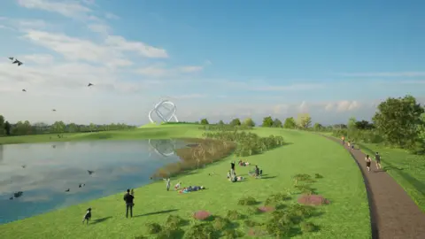 Star of Caledonia Trust People standing and sitting on landscaped gardens and paths surrounding a body of water with the large steel sculpture in the background