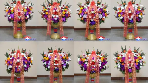 KCNA A composite image of flowers that were sent to Kim Jong Un by various Russian construction companies in April, according to North Korean state media