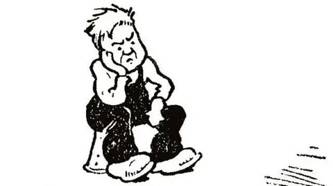 DC Thomson An original black and white drawing of Oor Wullie. He has spiked hair, is wearing dunagrees and is sitting on a bucket with his head in his hand.