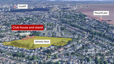 Google An aerial map highlighting the club and grounds, and where they lie within the town of Penarth