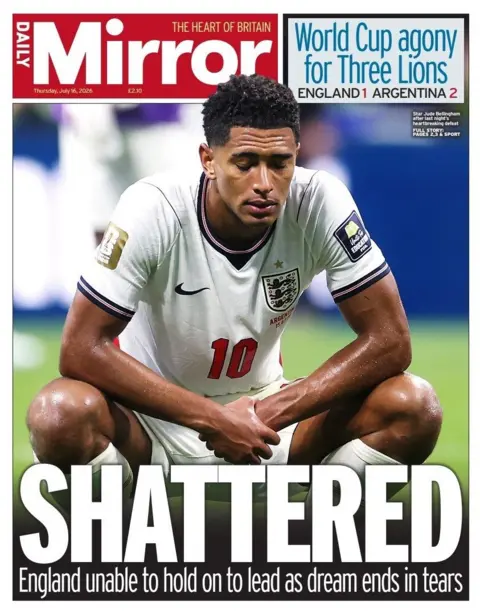 "Shattered: England unable to hold on to lead as dream ends in tears," reads the headline on the front page of the Daily Mirror.