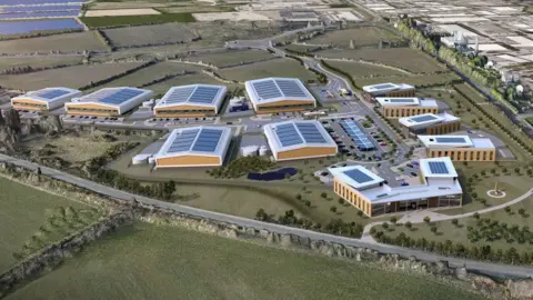 An artificially generated 3D rendering of the proposed complex. It sits on a plot of land to the left of a road. The rendering shows 11 modern buildings with solar-panelled roofs. 