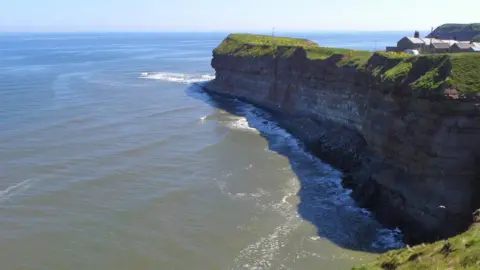 Near vertical cliffs of Jurassic age rocks at Cowbar. The calls of Kittiwakes fill the air here as they find the ledges on this shaded cliff ideal for nesting. To the right are the terraced cottages of Cowbar, separated from the cliff edge by a road, a strip of vegetation and not much else.