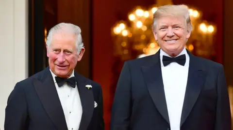 US President Donald Trump outside Winfield House, the residence of the Ambassador of the United States of America to the UK, in Regent's Park, London, for the Return Dinner as part of his state visit to the UK