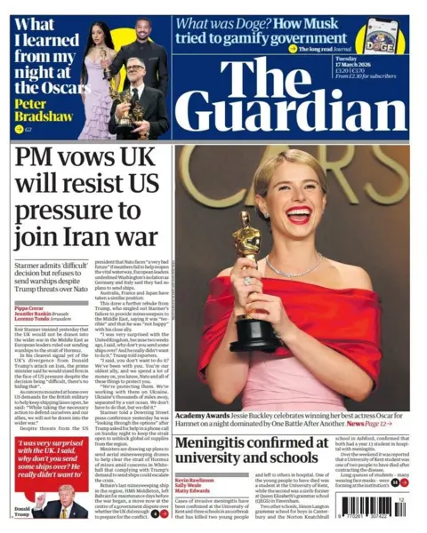 "PM vows UK will resist US pressure to join Iran war" reads the headline on the front page of the Guardian.