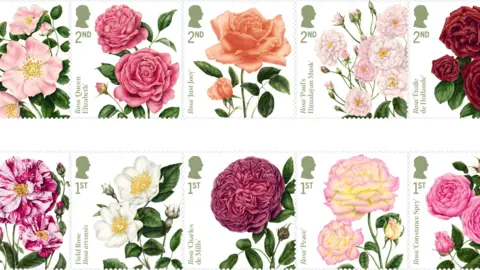 Royal Mail Stamps featuring drawings of roses. They are painted in varying shades of red and pink.