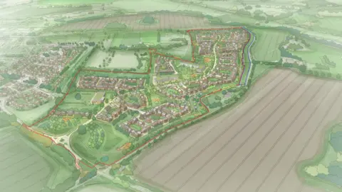 Bloor Homes An aerial illustration of a housing development, showing fields around the houses.