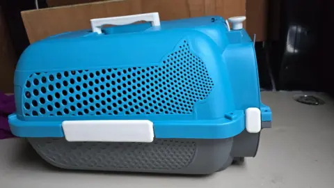 Cats Protection A blue and grey animal carrier with white handle and clips 