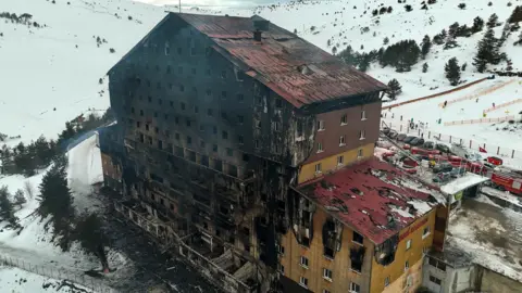 A drone view shows the aftermath of a fire at a hotel in the ski resort of Kartalkaya in Bolu