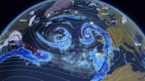 Graphic of storm Chandra moving over the UK and Ireland on map.