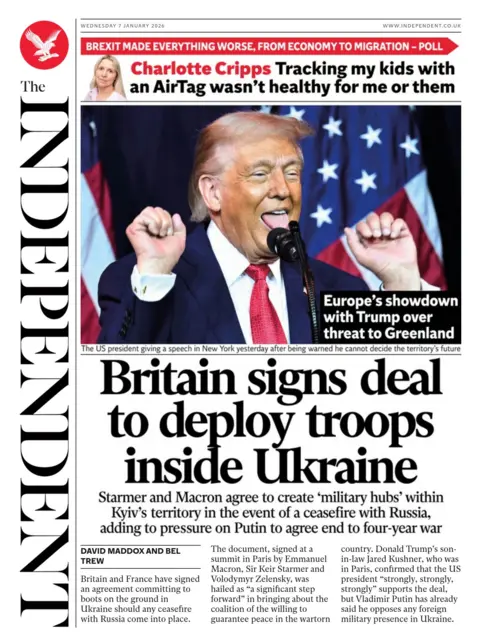 "Britain signs deal to deploy troops inside Ukraine" reads the headline on the front page of the Independent.