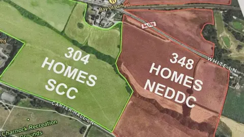 S12 Green Belt Action Group/Google Maps A map of fields with a road (White Lane) and a lane (Carter Hall Lane) running through them. To the left, three fields are highlighted in green, labelled '304 HOMES SCC.' To the right, six fields are highlighted in red labelled '348 HOMES NEDDC.' Charnock Recreation Grounds and the Bay of Bengal restaurant are also labelled on the map.