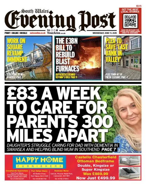 South Wales Evening Post South Wales Evening Post front page. The main story is of a woman with long blonde hair and the headline "£83 a week to care for parents 300 miles apart" 