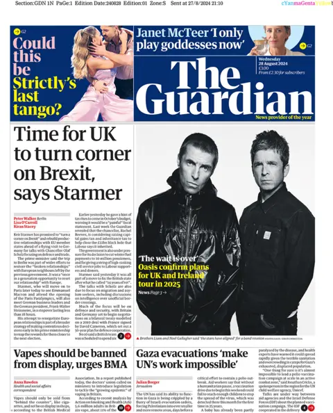 The main headline on the front page of the Guardian reads: "Time for UK to turn corner on Brexit, says Starmer"