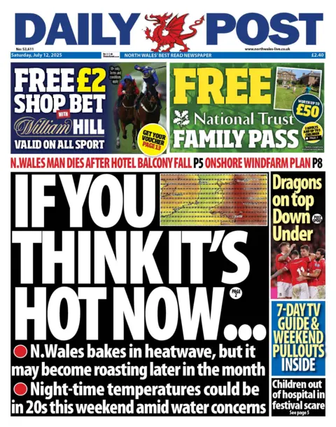 Daily Post Daily Post front page with the headline "If you think it's how now" and a picture of a heat map showing a lot of red over north Wales. Underneath are two bullet points reading: - N. Wales bakes in heatwave, but it may become roasting later in the month; and - Night-time temperatures could be in 20s this weekend amid water concerns. 