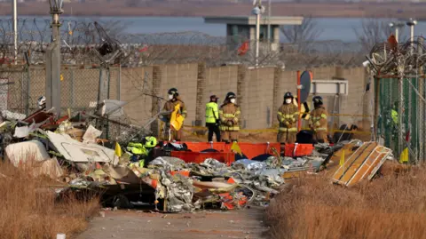 Firefighters, some in brown outfits and some in white and black, search at the wreckage of the Jeju Air aircraft. Their backs at to the camera. The wreckage is barely identifiable as a plane apart from the tail