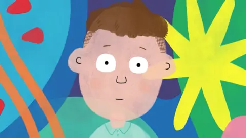 Humber Teaching NHS Foundation Trust Still from the animation showing a young boy with brown hair and eyes open wide standing in front of multiple colourful patterns and shapes on a wall.