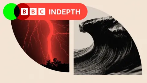 Two treated images of a large wave and a large fork lightning strike at night.
