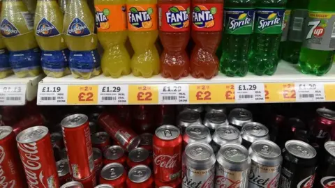 Supermarket shelves with fizzy drinks cans including Fanta, Sprite and Coke