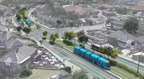 WMCA / Midland Metro Alliance A computer-generated image of a blue tram passing through buildings which include Heartlands Hospital. There is a second blue tram in the background and the scene includes trees along the tram route and houses and different types of cars in several car parks.